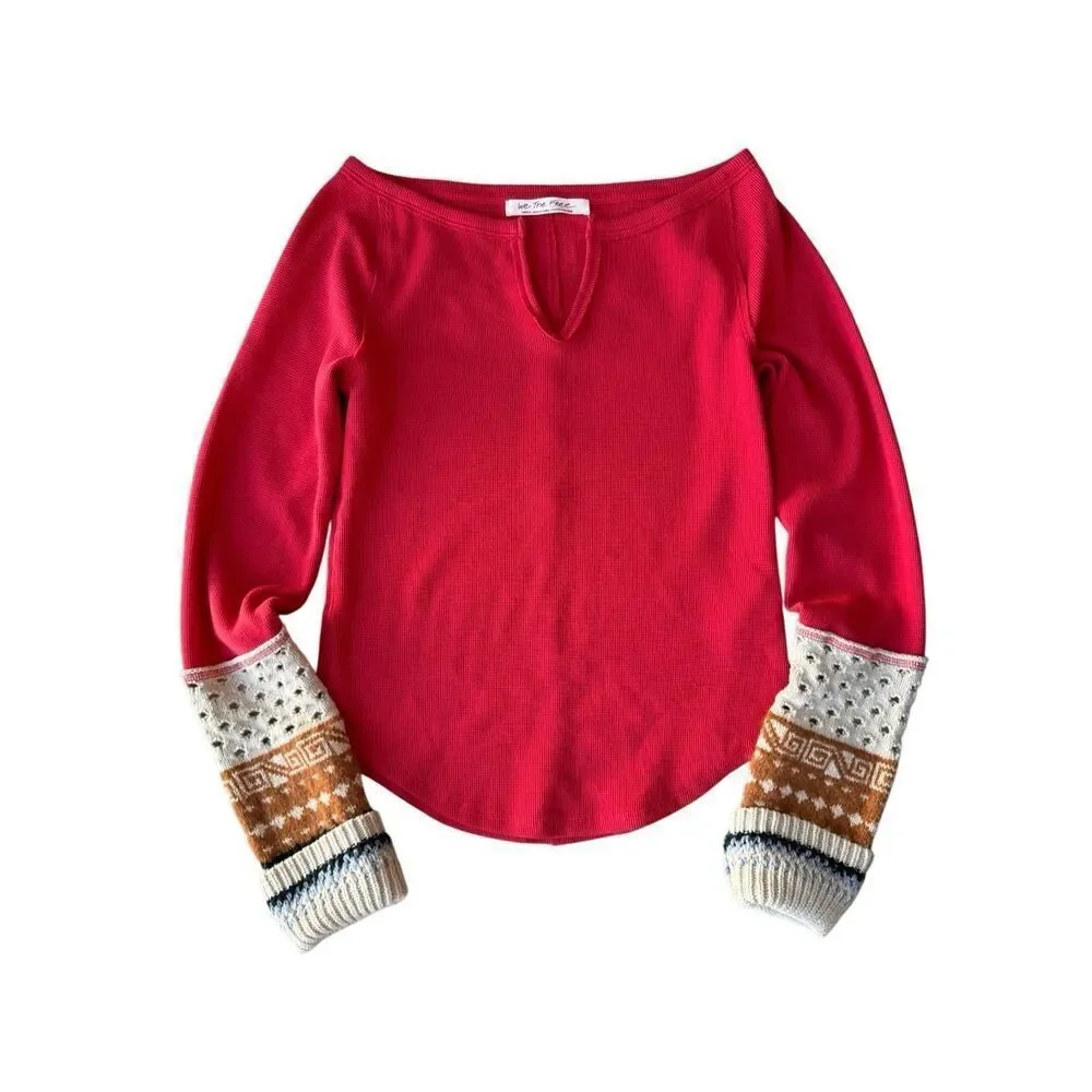 Free People Cozy Craft Cuff Top in Red Combo
